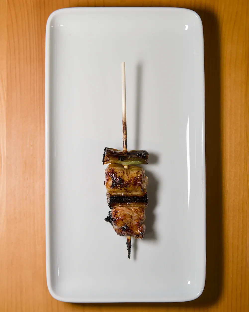 Negima yakitori skewer from a party we had in January 2025. Negima is chicken thigh and negi or green onion if you don't have access to negi.